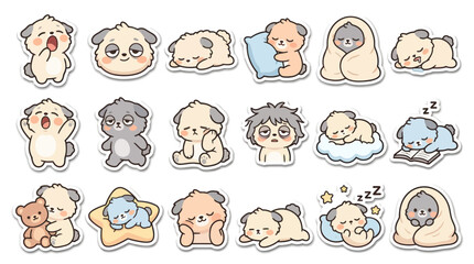 Fototapeta premium Cute Sleeping Puppy Dog Stickers, Kawaii Cartoon Vector Art