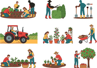 Fototapeta premium Diverse Collection of People Farming and Gardening Activities Including Harvesting Planting and Driving a Tractor