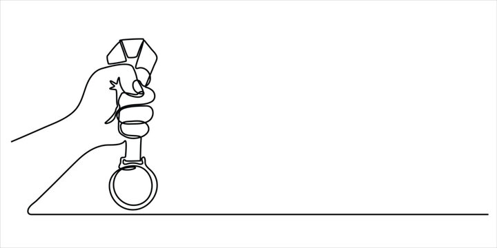 Hand holding handcuffs line art vector illustration minimalist continuous drawing justice law security arrest concept