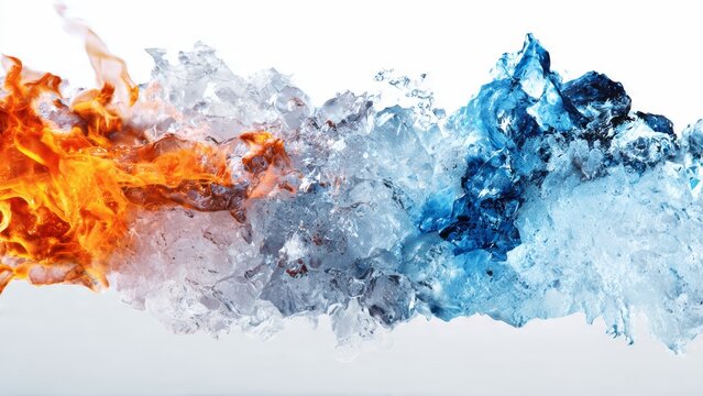 Fiery orange flames and icy blue water meet forming abstract shapes against a white background