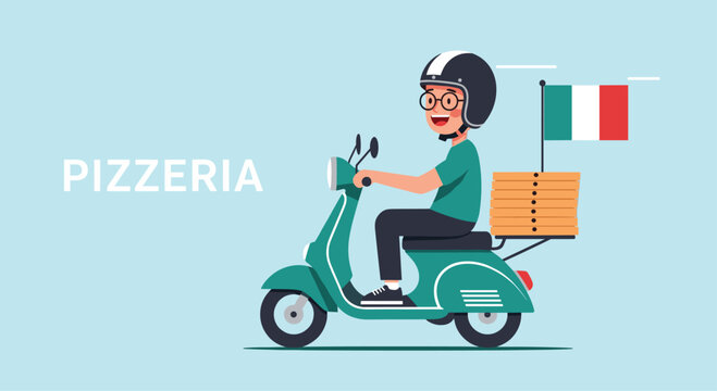 Smiling pizzeria delivery rider on a green scooter carrying a stack of pizza boxes and an Italian flag on a blue background.