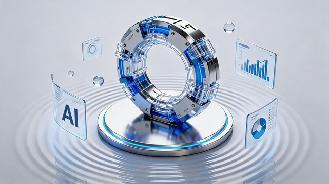 This 3D rendered visualization features a futuristic annular AI tech core with floating data analytics interfaces on a reflective glossy surface.