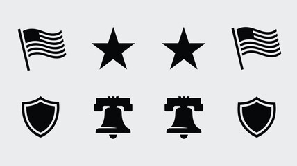 Collection of patriotic american symbols including waving flags stars shields and liberty bells presented in a clean modern graphic design for national celebration © Jayshri