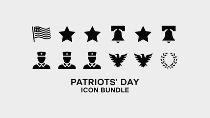 Patriots' day icon bundle set featuring american flag stars bells eagles laurels and figures in uniform celebrating national pride and freedom with symbolic representations © Jayshri