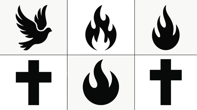 Collection of black silhouette christian religious symbols including dove crosses and flames on a clean white background representing faith spirituality and divine power