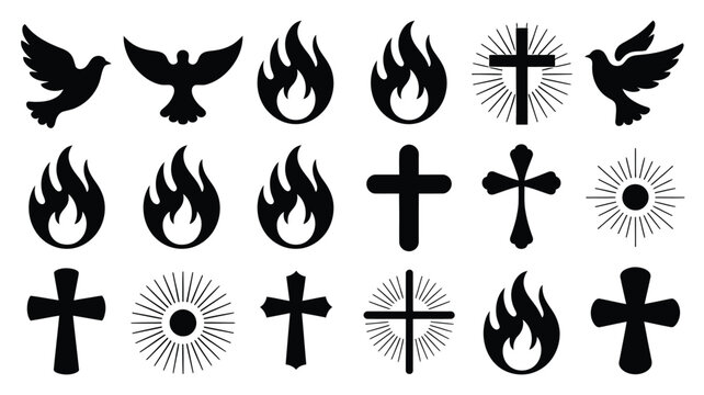 Collection of black christian crosses flames and doves silhouettes representing faith spirituality holy spirit and divine light isolated on a white background symbolic religious
