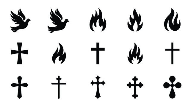 Collection of minimalist black religious and spiritual icons featuring doves flames and various cross designs on a clean white background symbolizing faith hope and spirituality