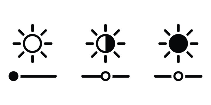 Brightness adjustment icons, contrast and light level control symbols, sun brightness slider interface, user interface controls for display settings