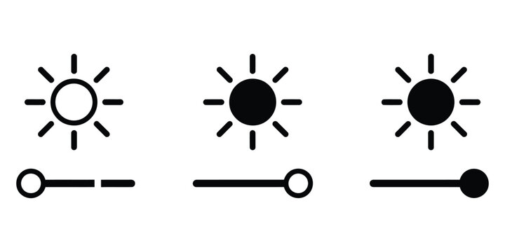 Brightness control icon set, brightness and contrast level adjustment symbols, sun icon with rays, slider controls, interface elements, minimal modern vector design