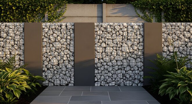 Modern garden design featuring a gabion stone wall with dark vertical panels and lush green plants.