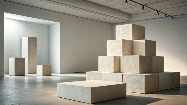 Geometric Stone Sculpture Arrangement in Modern Gallery Lighting