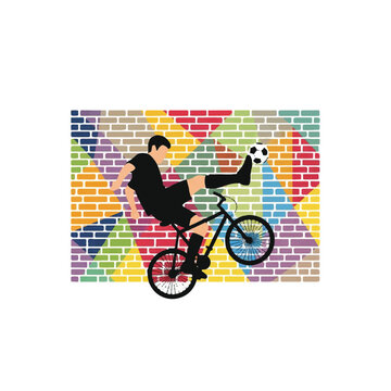 A minimalist flat vector of a person performing a bicycle kick in front of a brick wall with colorful geometric graffiti patterns. Street futsal style, urban energy, minimalist flat vector