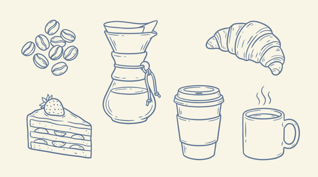 Set of coffee and pastry hand drawn illustrations