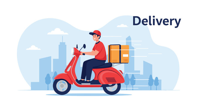 Delivery courier on a red scooter with a box on the back speeding through a blue city scene with the text delivery in the corner.