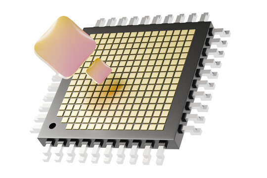 3d AI CPU chip icon. AI hardware concept. minimal realistic microchip with gold grid and sparkles for machine learning technology. isolated on white transparent background. 3d render.