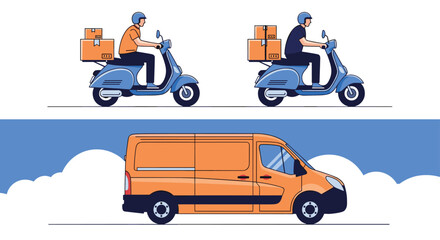 Fototapeta premium Comparison of delivery options showing two couriers on motor scooters and large orange cargo van for shipping services.