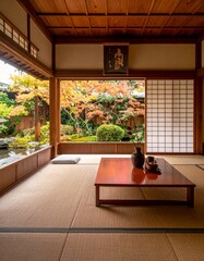Fototapeta premium 日本の四季の移ろい：伝統的な和室から望む春夏秋冬の花鳥風月