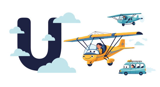 Large dark blue letter U surrounded by soft clouds and cartoon illustrations of an ultralight aircraft and a vintage van.