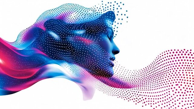 Abstract Digital Human Face with Flowing Particles and Vibrant Colors.