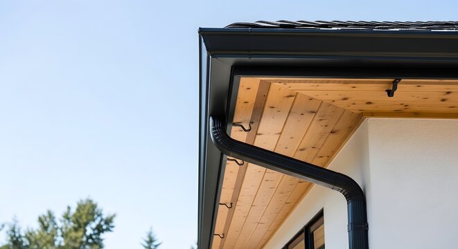 A modern house corner with black gutters, wooden soffit, and white wall under a clear blue sky.