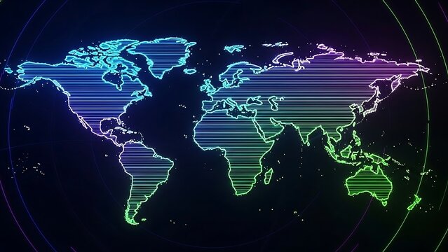 Glowing neon world map on black.