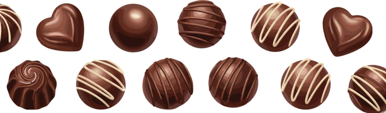 Set of Chocolate Truffles with Heart-Shaped and Swirled Designs for Dessert, Confectionery, and Sweet Treat Concepts in Vector Style