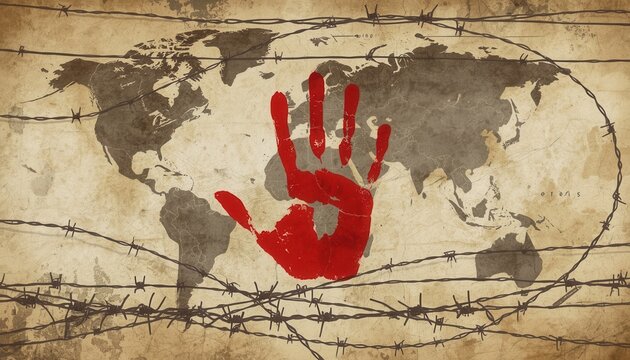 World's Grievances: Symbolic imagery of a red handprint superimposed on a world map, entwined with barbed wire, conveying themes of global conflict, suffering, and the struggle for human rights.