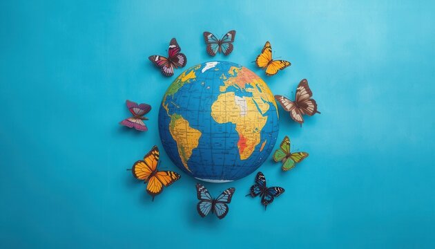 Global Embrace: A vibrant globe surrounded by a kaleidoscope of butterflies, symbolizing interconnectedness and the beauty of the planet.