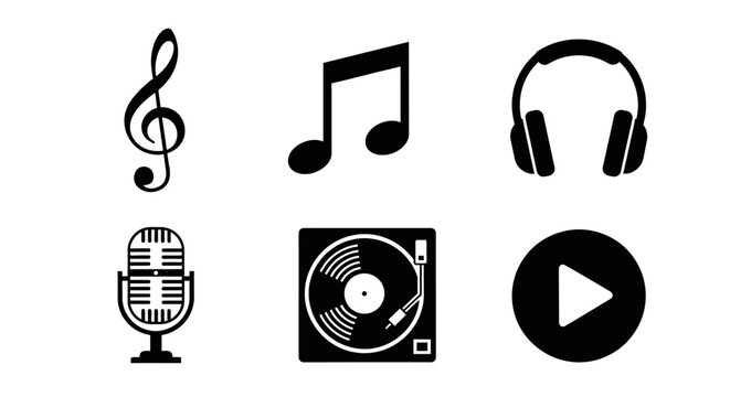 Music icons set treble clef note headphones microphone turntable and play