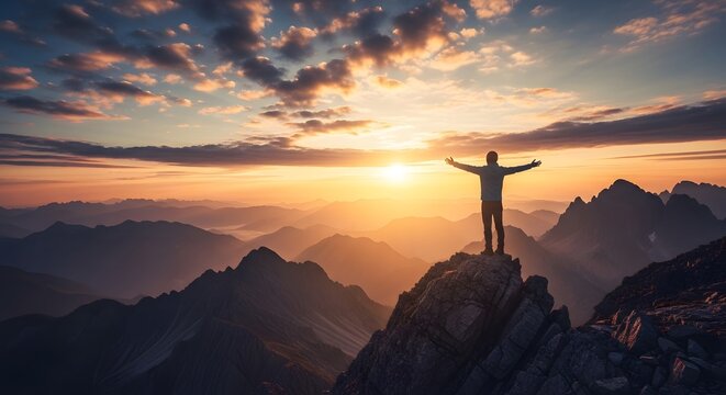 Empowered individual celebrates peak achievement with outstretched arms against a breathtaking sunset