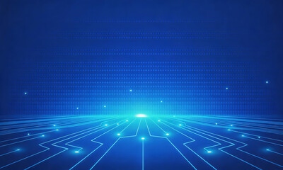 Obraz premium This is a futuristic blue digital background featuring glowing circuit lines, dotted grids and a radiant light horizon, creating a sleek tech-focused cyber scene.