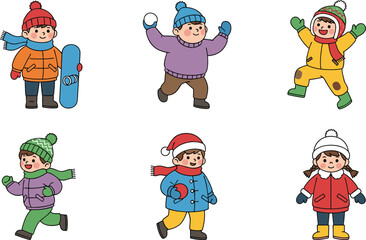 Fototapeta premium Winter Children Vector Set with Playful Kids in Snow Gear, Snowball Fight, Hats, Scarves, and Colorful Winter Clothing, Winter Activities, and Seasonal Fun Illustrations for Digital Media
