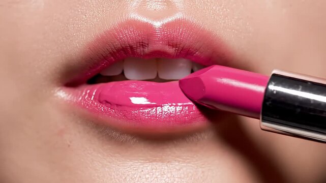 Close-up of a woman applying vibrant pink lipstick to her lips, showcasing beauty and makeup routine.