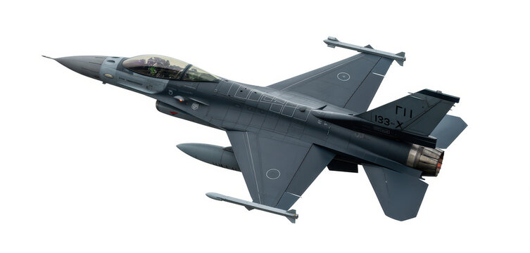 Gray f-16 fighting falcon military fighter jet in flight isolated on a white background
