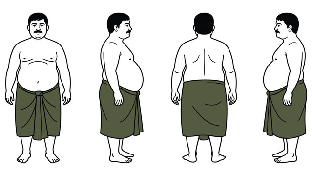 Indian man standing in different poses wearing only traditional lungi showcasing various angles.