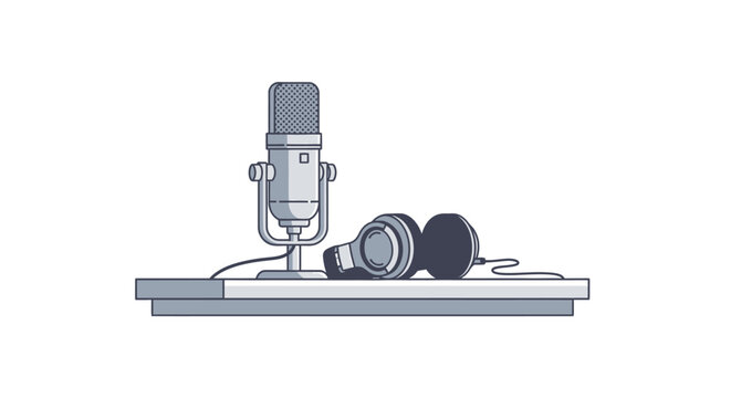 Professional podcast microphone with headphones on desk, modern audio recording setup for broadcasting, streaming content and digital media production projects