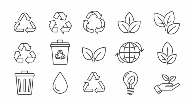 Eco friendly sustainability icon set with recycle symbol, water drop and green energy elements, modern environmental concept for climate awareness, conservation and clean living branding