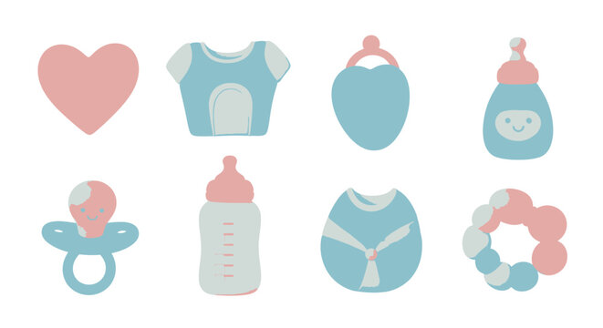 Baby clothing and accessories icon set including bodysuit, bottle and bib in soft pastel colors, modern infant care illustration for parenting brands and nursery products