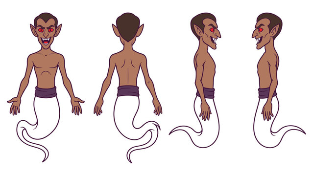 Fantasy genie character rotation with pointed ears and red eyes on white background vector.