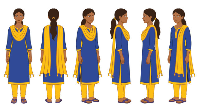 Young indian woman character design sheet wearing blue salwar kameez with yellow dupatta.