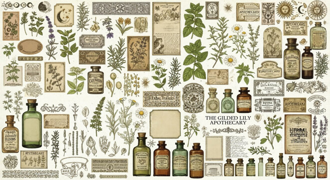 Vintage apothecary botanical collection, antique herbal medicine labels and glass bottles, Victorian ephemera set with green herbs and parchment paper