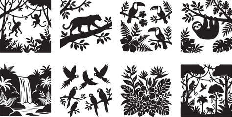 Obraz premium Set of eight tropical jungle silhouettes featuring monkeys, a panther, toucans, a sloth, parrots, a waterfall, and exotic flowers in a flat black and white style