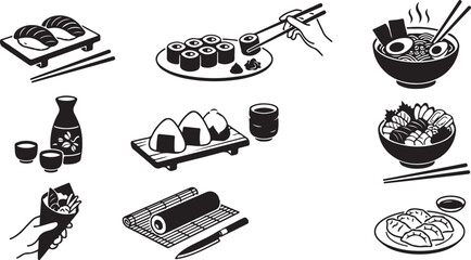Set of japanese food featuring sushi nigiri, maki rolls, ramen bowls, onigiri rice balls, sashimi, hand-held temaki, sake carafe, gyoza dumplings, chopsticks, and bamboo rolling mats © MdAbu