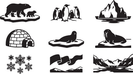 Set of nine black and white arctic featuring a polar bear with cub, penguins, iceberg, igloo, seal, walrus, snowflakes, aurora borealis, and a snowy mountain landscape scenery © MdAbu