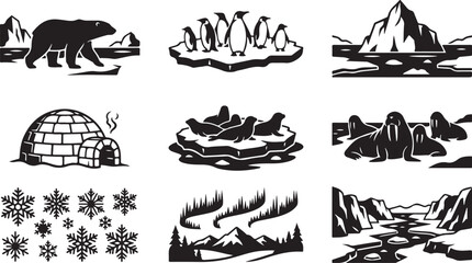 Set of nine black and white arctic featuring a polar bear, penguins on an ice floe, a large iceberg, an igloo, seals, walruses, snowflakes, northern lights, and a glacial mountain landscape © MdAbu
