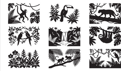 Fototapeta premium Set of nine black and white tropical jungle silhouette featuring monkeys, a toucan, a panther, parrots, a sloth, a waterfall, and exotic rainforest flora including ferns and palm leaves