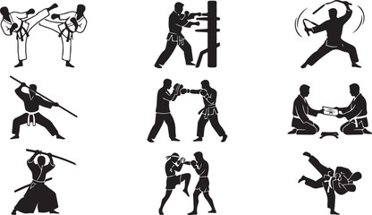 Set of nine black silhouette depicting various martial arts disciplines, including karate kicks, nunchaku training, wooden dummy practice, sword fighting, sparring, and belt certification © MdAbu