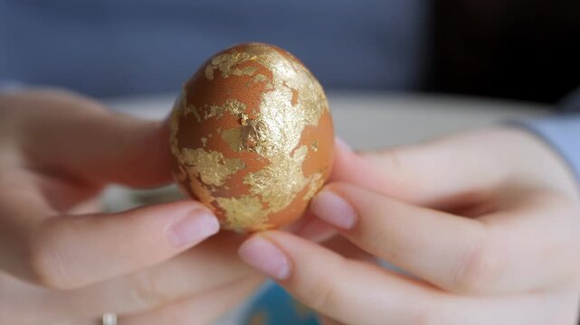Hands hold a decorated egg with gold leaf. Egg has brown base with golden patterns. Close-up view focuses on egg details. Gentle touch shows careful handling. Background softly blurred