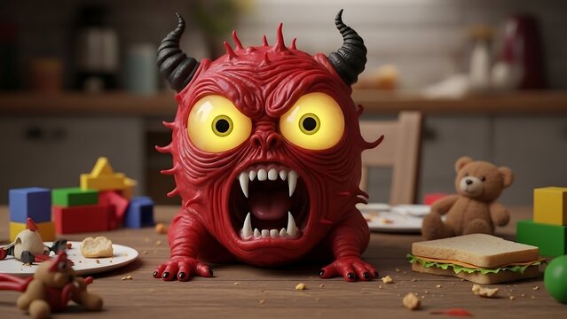 Red monster sitting at messy table.
