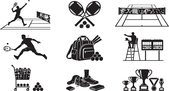 Set of black tennis featuring silhouettes of players serving and hitting, crossed rackets, a court net, a sports bag, a scoreboard, a ball cart, sneakers, and various championship trophies